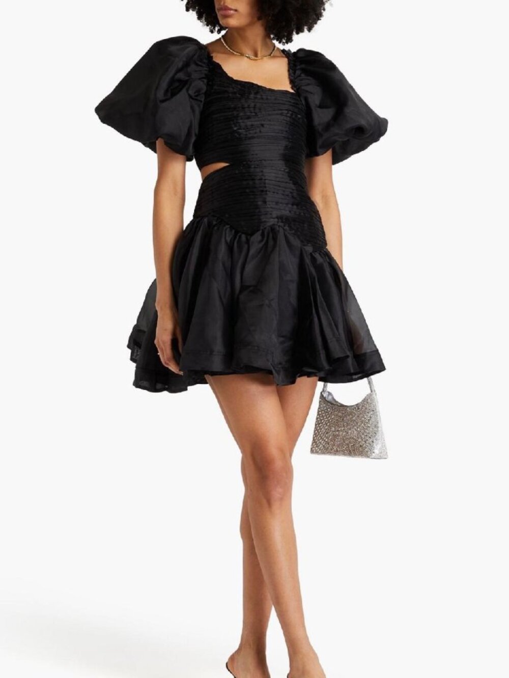 Aje Joan Asymmetric Pintucked Organza Mini Dress Black NWT